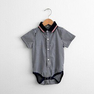 NWT Cute Boys Oxford Short Sleeve Onesie Romper Gingham Navy Blue & White 3-6M